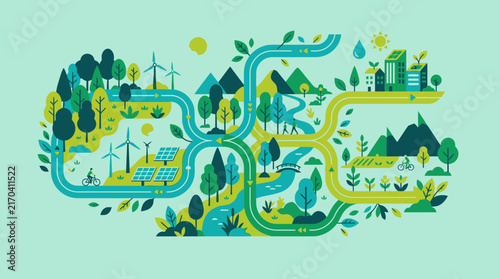 Sustainable green energy vector illustration featuring renewable solar panels, wind turbines, eco city, and environmental conservation concepts.
