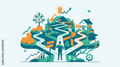 Business Decision and Life Choices Concept Illustration with Businessman at Crossroads Selecting Paths to Wealth, Education, and Success