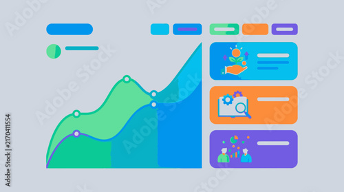 Vector illustration of a modern business analytics dashboard interface showing upward growth charts, data visualization, and financial statistics.