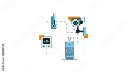 Smart home automation vector concept with interconnected devices including smart speaker, security camera, thermostat display, and thermometer icon.