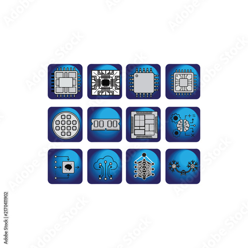 Computer Hardware Microchip and Artificial Intelligence Vector Icon Set on Blue Buttons