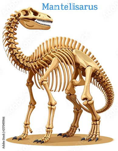 Mantellisaurus dinosaur skeleton fossil display.
