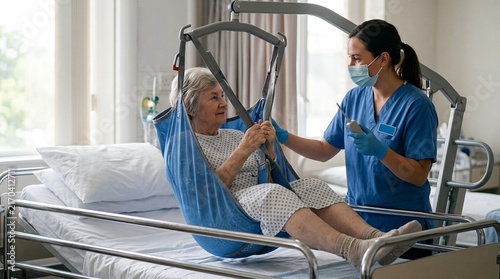 Nurse assisting a patient with a mechanical patient lift sling during a bed transfer