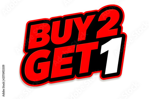 Buy two get one free bold red sale promotion banner with 3D effect for retail marketing