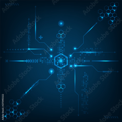 Abstract futuristic technology background with dark blue glowing digital circuit lines pixelated data stream honeycomb hexagon grid and hud interface nodes vector design