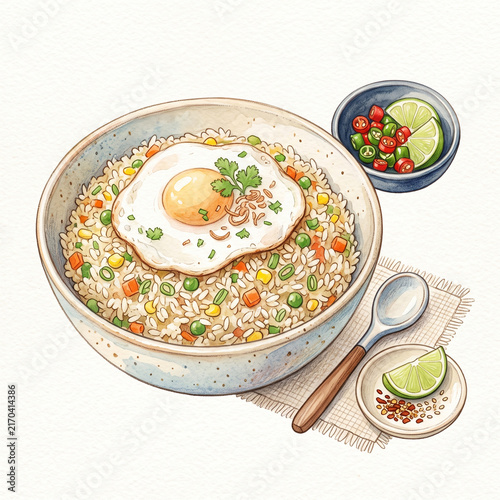 a bowl of fried rice with fried egg 