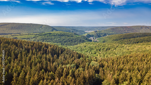Canvas Print Aerial drone view of Ardennes mountains nature landscape from above, hills and g