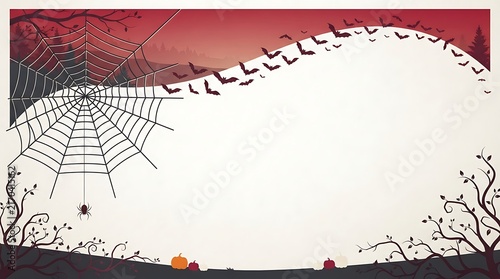 Spooky halloween background featuring a spider web and silhouette trees against a dark red moonlit sky