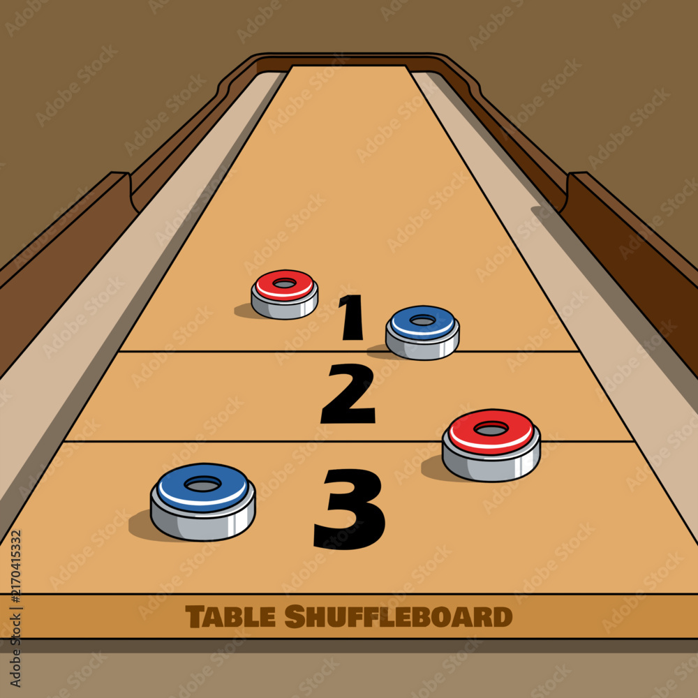 Fototapeta premium Table Shuffleboard Vector Game Illustration. Table shuffleboard featuring red and blue pucks on numbered scoring zones on a polished wooden court. National Table Shuffleboard Day, September 17