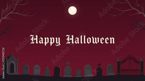 Happy halloween greeting card design with a spooky graveyard under a full moon in a dark red sky