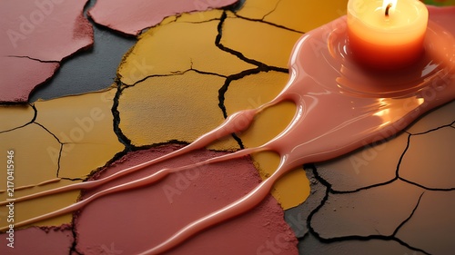 Pink wax melting slowly over cracked vibrant yellow and red textures in soft warm lighting