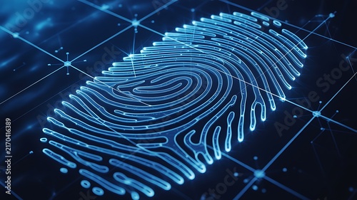 Digital fingerprint scanner glowing with bright blue light showing advanced biometric security authentication system network nodes
