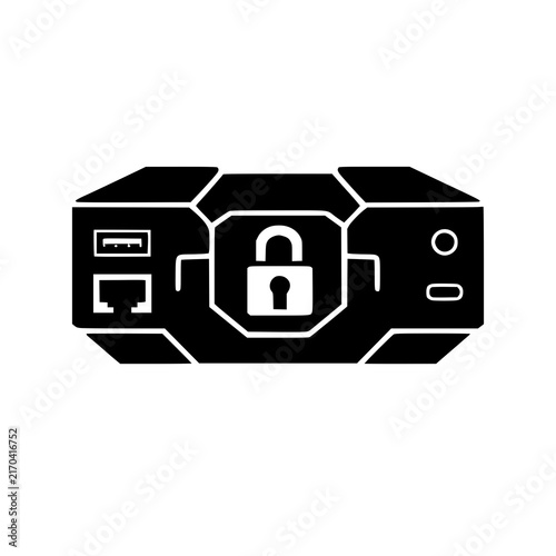Black network router icon with a secure padlock symbol isolated on white background 