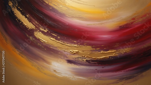 Swirling abstract oil painting with rich textures of metallic gold deep crimson and bright orange tones