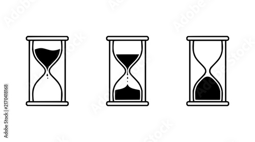 Hourglass set with three variations featuring sand, glass, time and measurement with monochrome and line art