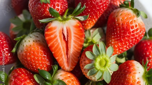 Fresh red ripe strawberries arranged in pile with one juicy sliced berry in the center
