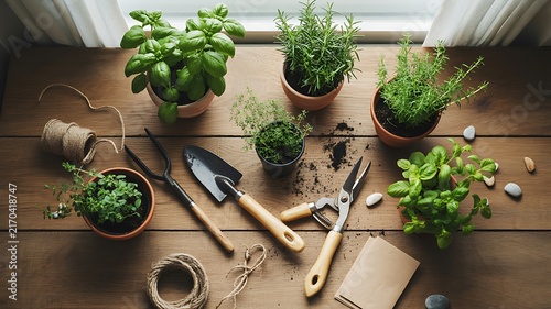 Fresh organic herbs in ceramic pots arranged with gardening tools on a rustic wooden table surface