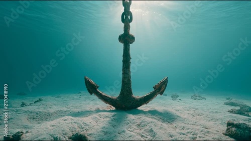 Underwater Anchor Resting on Sandy Ocean Floor