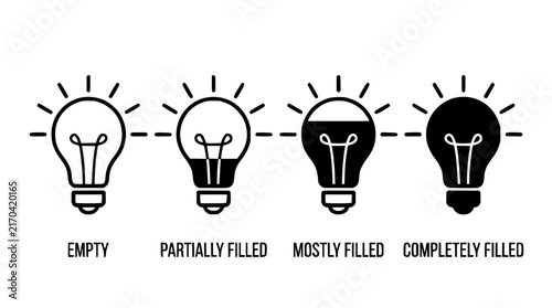 Light bulb set with four stages featuring empty, partially filled, mostly filled, and completely filled bulb with glow and filament