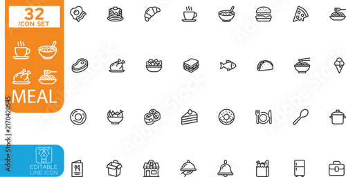 Editable line Vector illustration icon set. Containing food, lunch, eat, dinner, pasta, rice, breakfast, pizza, salad, soup, and more. Editable stroke. Vector illustration on transparent background.