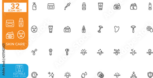 Editable line Vector illustration icon set. Containing Moisture cream, acid, anti wrinkle serum, ceramide, collagen, retinol compound, sunscreen, and more. Editable stroke. Vector illustration on 