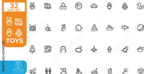 Editable line Vector illustration icon set. Contain icons related to children toys, teddy bear, doll, drum, ball, robot, and more. Editable stroke. Vector illustration on transparent background.
