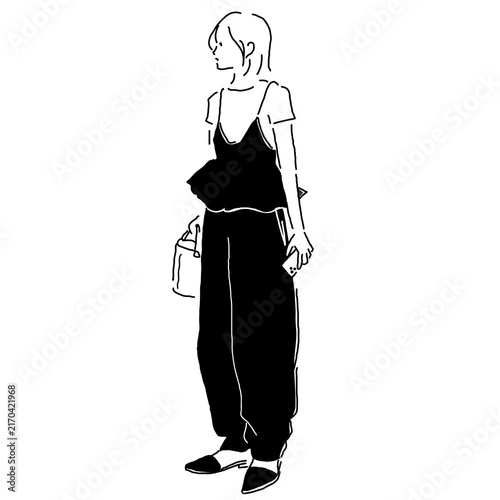Bild auf Leinwand Minimal line drawing of young woman in layered peplum camisole and balloon pants