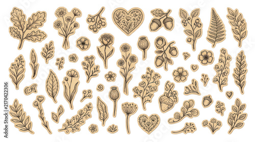 Vintage botanical stickers, rustic floral elements, kraft paper flower set isolated on Transparent Background