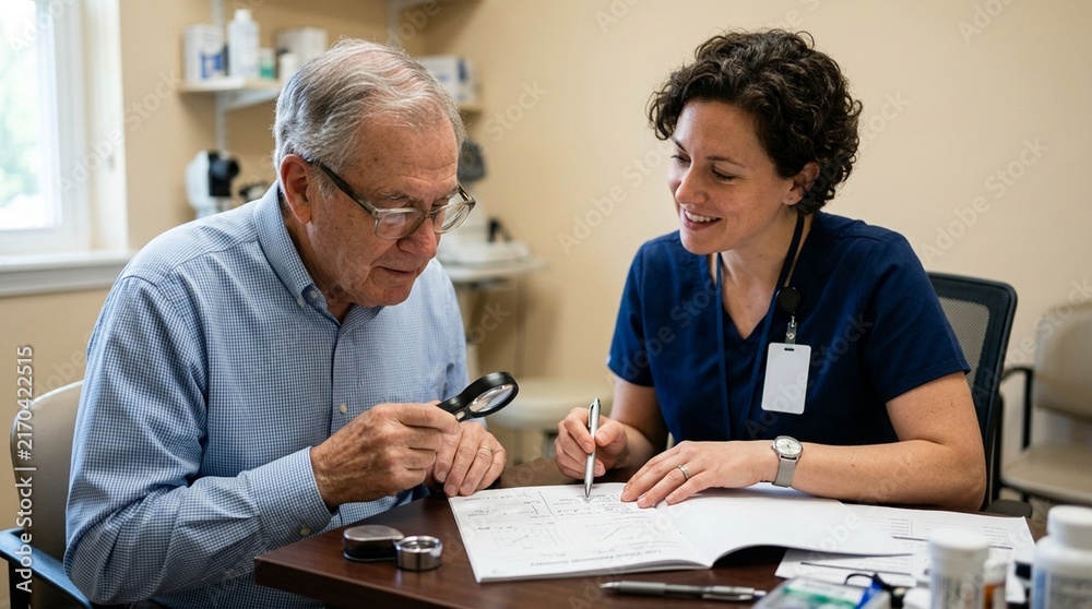 Fototapeta premium Ophthalmic technician conducting a peripheral vision test using an accessible instrument