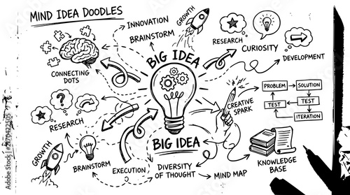 Mind Idea Doodles with Big Idea Lightbulb Brainstorm and Mind Map Hand Drawn Sketch Vector Illustration