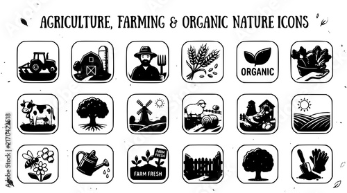 Agriculture Farming and Organic Nature Icon Set with Farmer Windmill Crop and Field Symbols Vector Illustration