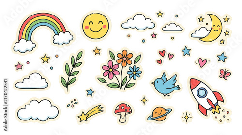 Cute doodle sticker set, colorful hand drawn icons, whimsical nursery clipart isolated on Transparent Background