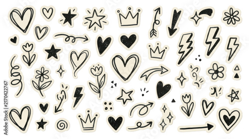 Hand drawn doodle stickers, black ink heart and star icons, cute sketch set isolated on Transparent Background