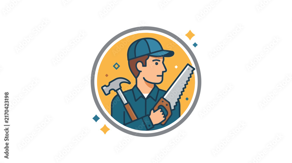 Fototapeta premium Circular carpenter mascot holding construction hand tools.