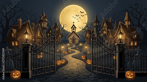 Spooky halloween night scene with a glowing full moon over a haunted church and iron gates
