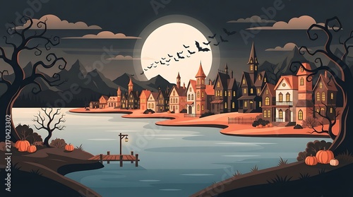 Spooky haunted village landscape at night with a large glowing full moon and bare trees