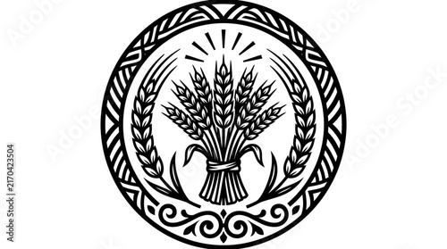 Circular emblem with tied wheat stalks bundle.