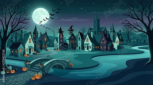 Spooky halloween night landscape featuring a haunted village with glowing pumpkins and a full moon in the dark sky