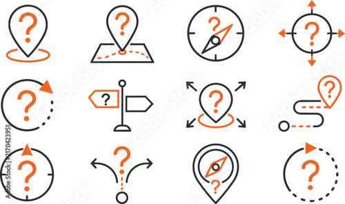 Location map pin icons with question mark navigation symbols set