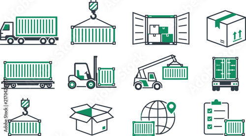 Logistics and shipping icon set with green and black symbols