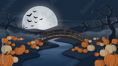 Spooky halloween night landscape with a full moon pumpkins and a wooden bridge over a dark river
