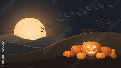 Spooky halloween background with a glowing jack o lantern pumpkin patch under a full moon at night