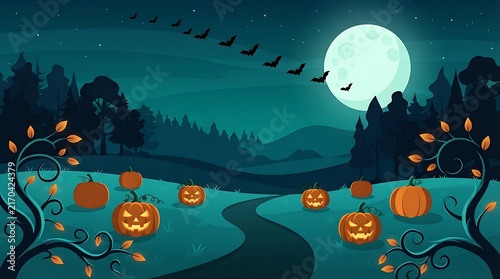 Spooky halloween night landscape with glowing jack o lanterns and flying bats under a full moon