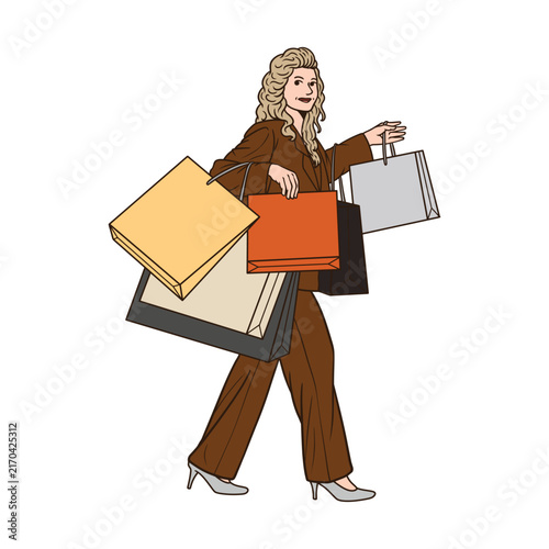 Hand-drawn illustration design of a woman after shopping