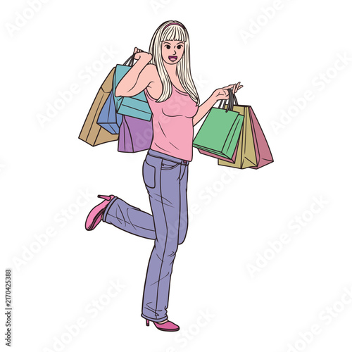 Hand-drawn illustration of a happy woman after shopping