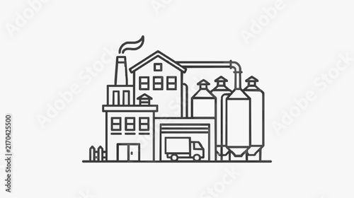 Modern Line Drawing of Brewery Factory with Residential House and Industrial Vehicles