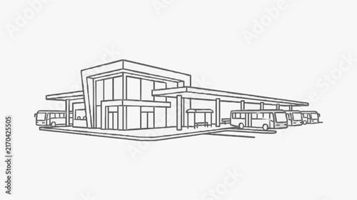Modern Bus Terminal Building Line Art with Parked Buses