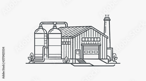 Minimalist Line Drawing of Brewery or Industrial Factory Building with Storage Tanks