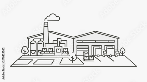 Minimalist Line Drawing of Industrial Brewery Factory with Vehicles and Equipment