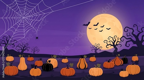 Spooky halloween pumpkin patch at night with a large full moon bats and a spider web background
